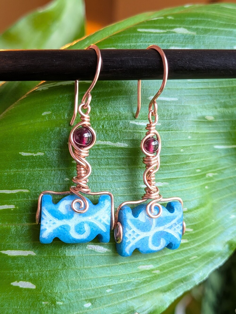 Viking Inspired Earrings Carved Vintage Glass And Garnets In Copper - Picture 8 of 16